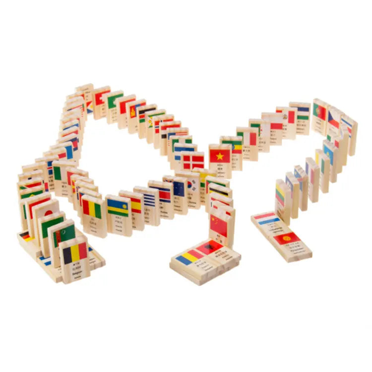 CHILDREN 100 PCS NATIONAL FLAG DOMINOES WOODEN BLOCK TOYS